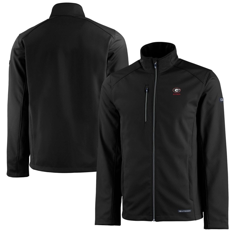 Men * | Clearance Sale Men'S Cutter & Buck Black Georgia Bulldogs Alumni Logo Evoke Eco Softshell Recycled Full-Zip Jacket