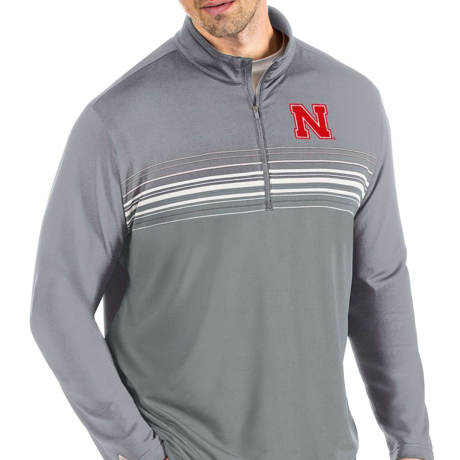 Men * | Online Discount Men'S Antigua Steel/Gray Nebraska Huskers Pace Quarter-Zip Pullover Jacket