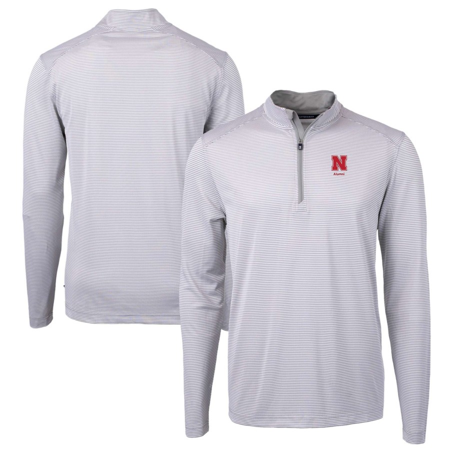 Men * | Online Discount Men'S Cutter & Buck Gray Nebraska Huskers Alumni Logo Drytec Virtue Eco Pique Micro Stripe Recycled Quarter-Zip Pullover Top