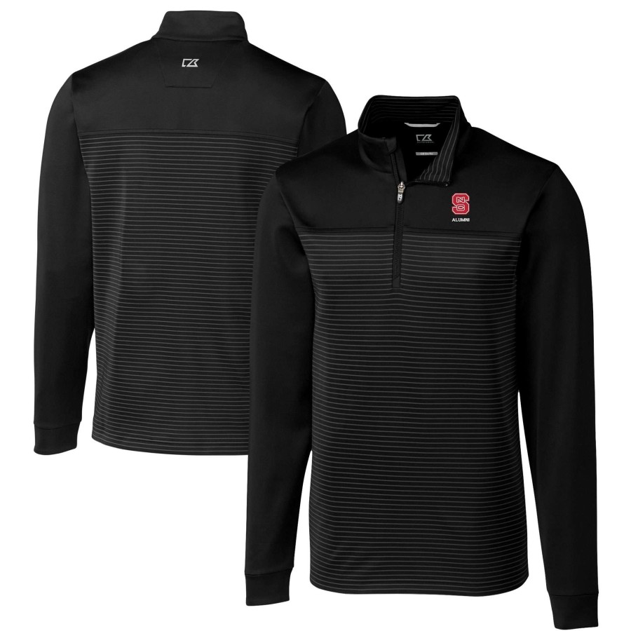 Men * | Reliable Quality Men'S Cutter & Buck Black Nc State Wolfpack Alumni Logo Traverse Stripe Stretch Quarter-Zip Pullover Top