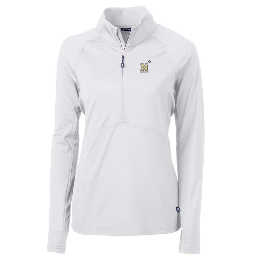 Women * | Good Quality Women'S Cutter & Buck White Navy Midshipmen Adapt Eco Knit Half-Zip Pullover Jacket