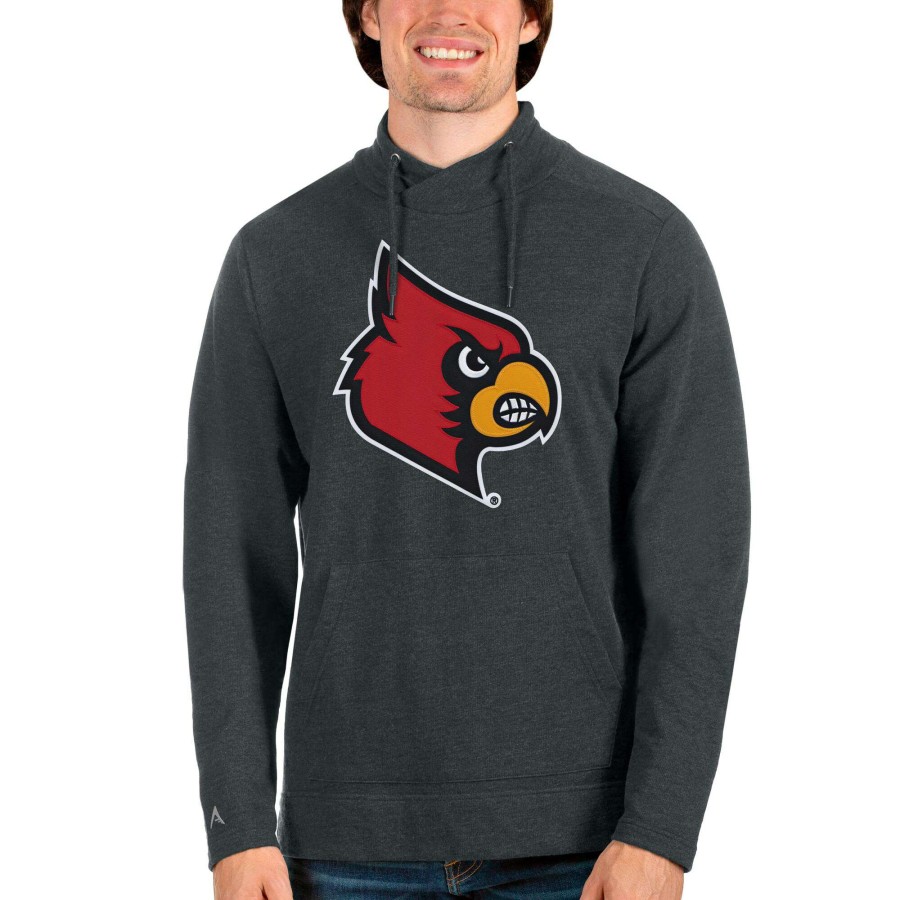 Men * | Online Sales Men'S Antigua Heathered Charcoal Louisville Cardinals Team Logo Reward Crossover Neckline Pullover Sweatshirt