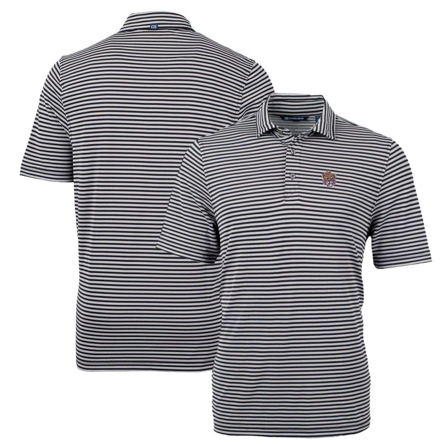 Men * | Reliable Quality Men'S Cutter & Buck Black Lsu Tigers Throwback Logo Virtue Eco Pique Stripe Recycled Polo