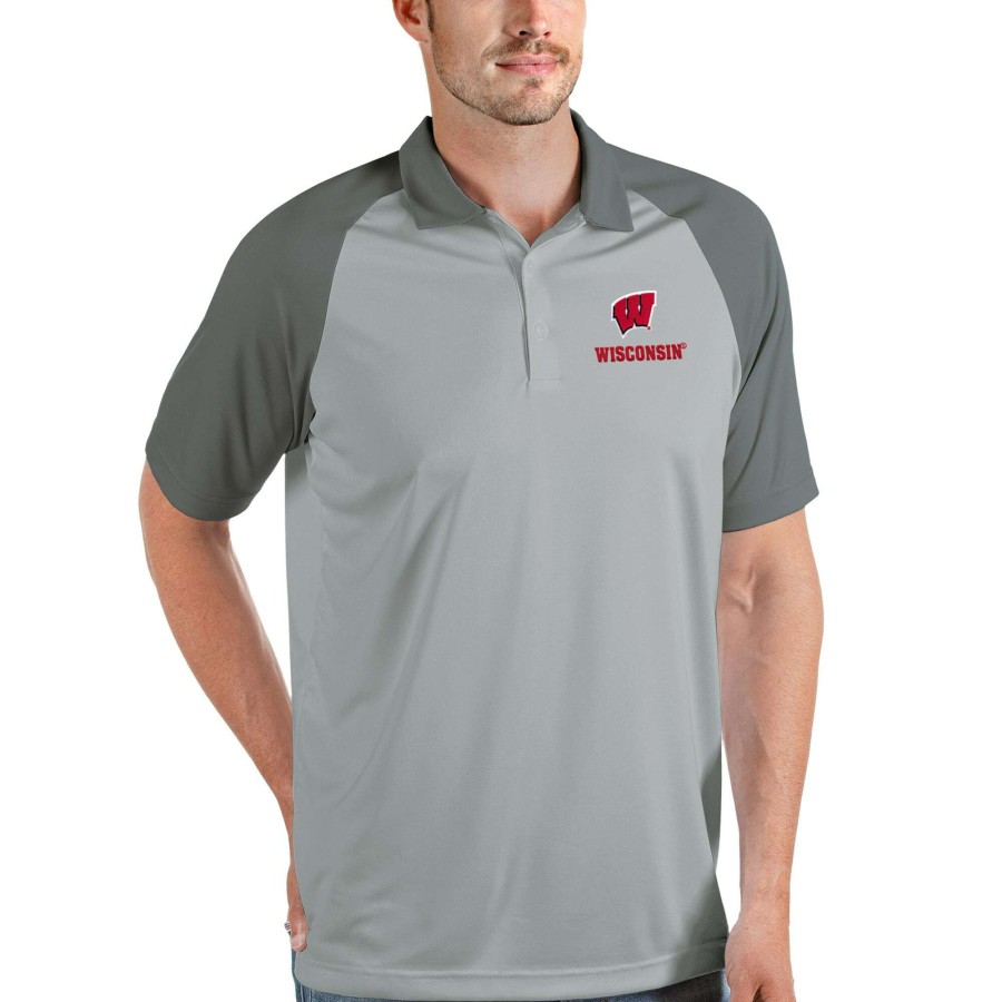 Men * | Reliable Quality Men'S Antigua Silver/Steel Wisconsin Badgers Nova Polo