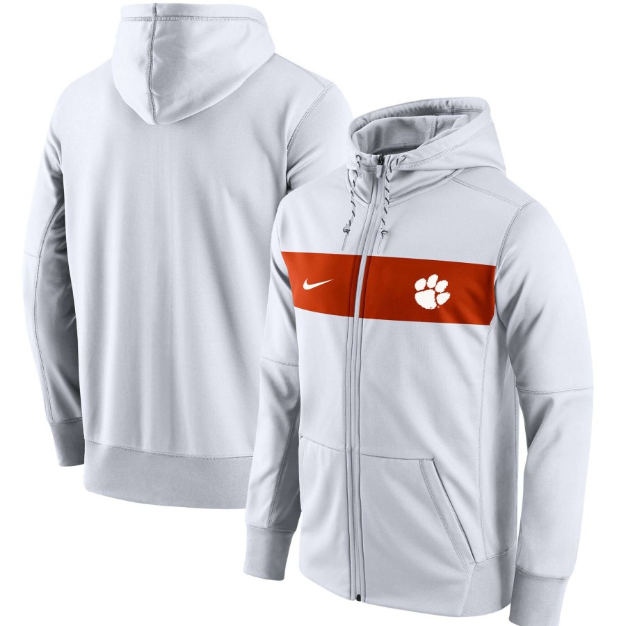 Men * | Hot Sell Men'S Nike White Clemson Tigers Logo Performance Full-Zip Hoodie