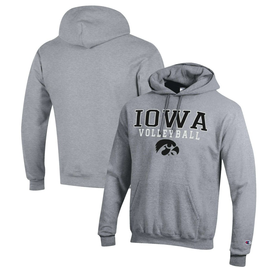 Men * | Clearance Sale Men'S Champion Heather Gray Iowa Hawkeyes Stack Logo Volleyball Powerblend Pullover Hoodie