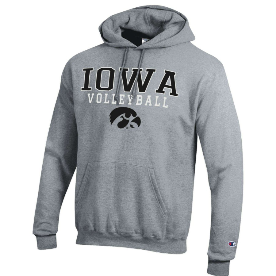 Men * | Clearance Sale Men'S Champion Heather Gray Iowa Hawkeyes Stack Logo Volleyball Powerblend Pullover Hoodie