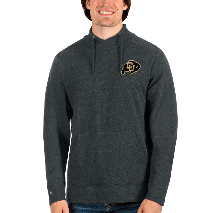 Men * | Hot Sell Men'S Antigua Heathered Charcoal Colorado Buffaloes Reward Crossover Neckline Pullover Sweatshirt