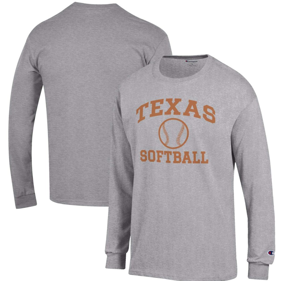 Men * | Hot Sell Men'S Champion Gray Texas Longhorns Softball Icon Long Sleeve T-Shirt