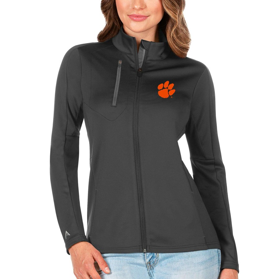 Women * | Hot Sell Women'S Antigua Graphite/Silver Clemson Tigers Generation Full-Zip Jacket