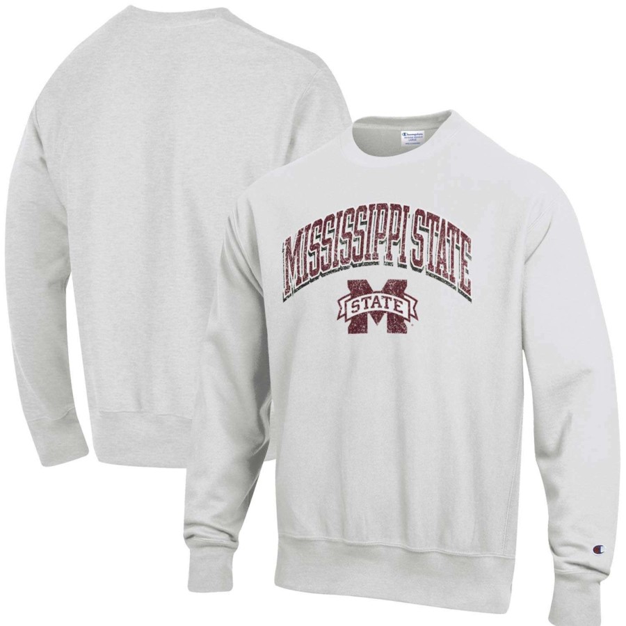 Men * | Hot Sell Men'S Champion Gray Mississippi State Bulldogs Arch Over Logo Reverse Weave Pullover Sweatshirt