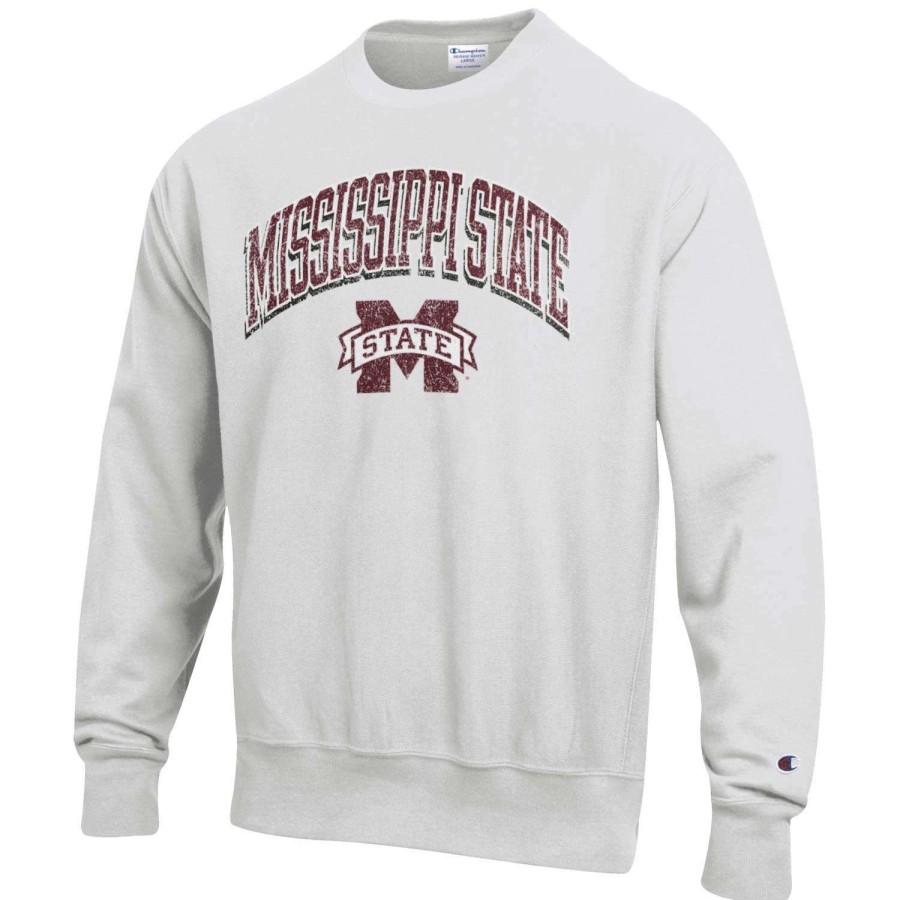 Men * | Hot Sell Men'S Champion Gray Mississippi State Bulldogs Arch Over Logo Reverse Weave Pullover Sweatshirt