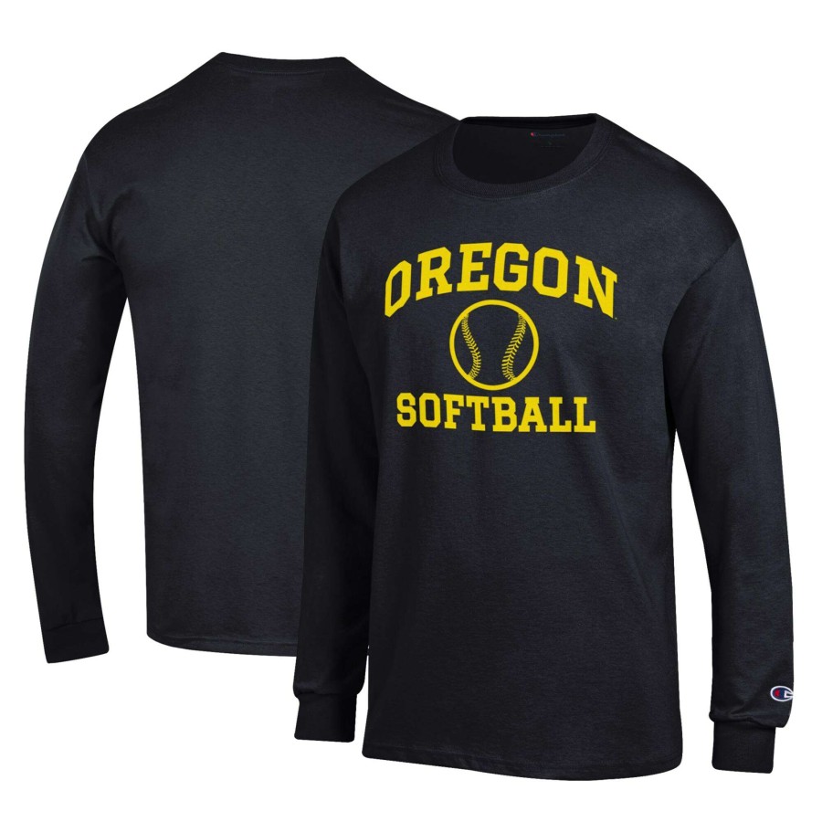 Men * | Clearance Sale Men'S Champion Black Oregon Ducks Primary Team Logo Icon Softball Powerblend Long Sleeve T-Shirt