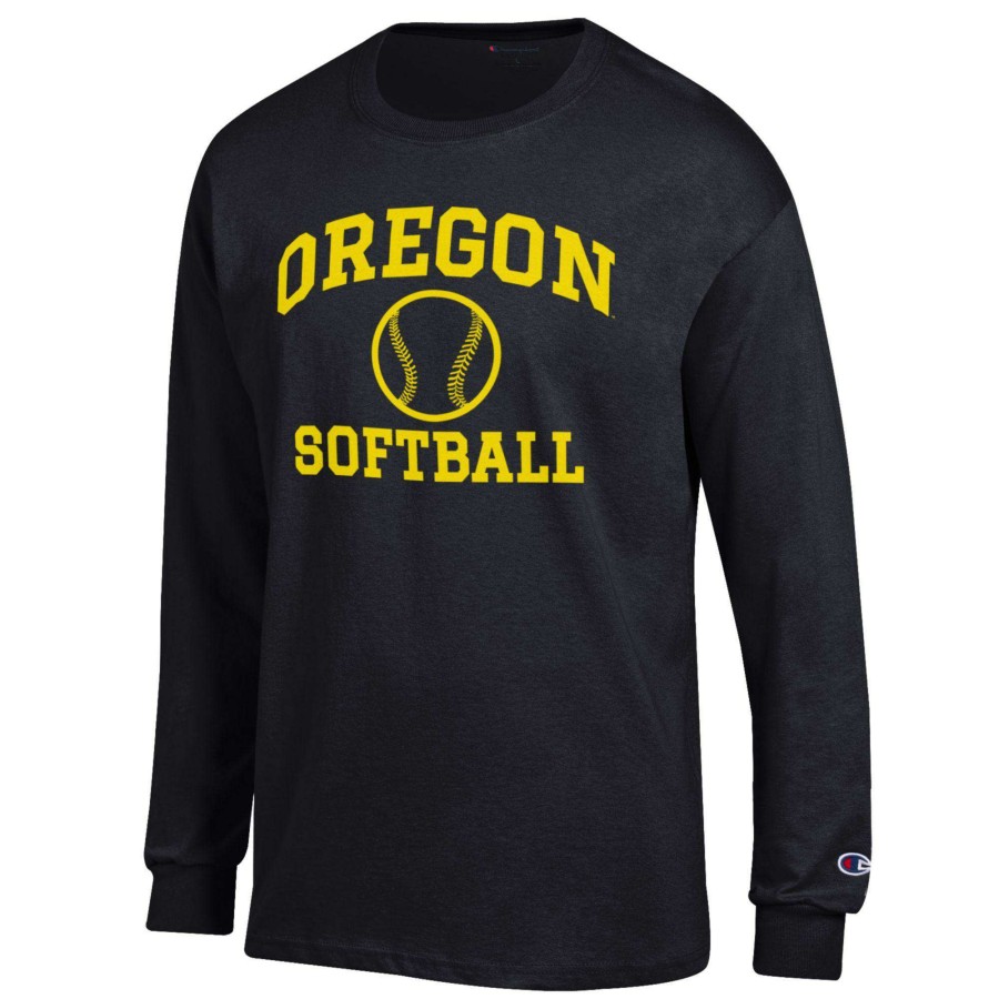 Men * | Clearance Sale Men'S Champion Black Oregon Ducks Primary Team Logo Icon Softball Powerblend Long Sleeve T-Shirt