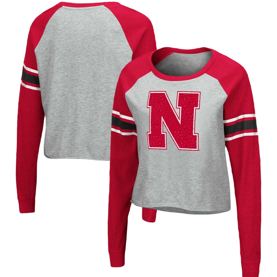 Women * | Online Sales Women'S Colosseum Heathered Gray/Scarlet Nebraska Huskers Decoder Pin Raglan Long Sleeve T-Shirt