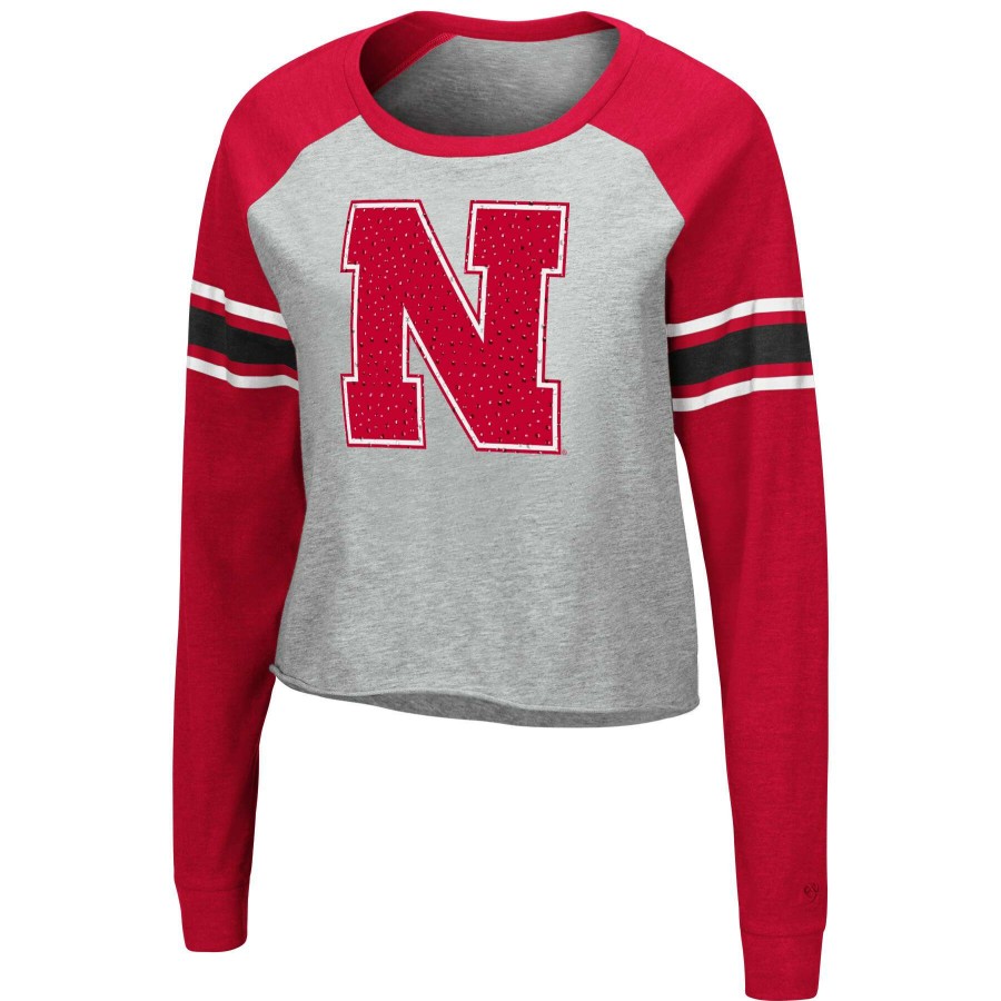 Women * | Online Sales Women'S Colosseum Heathered Gray/Scarlet Nebraska Huskers Decoder Pin Raglan Long Sleeve T-Shirt