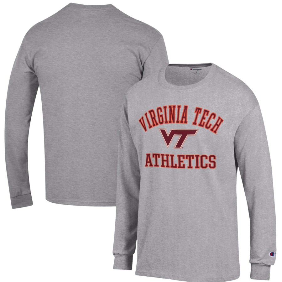 Men * | Original Men'S Champion Gray Virginia Tech Hokies Athletics Logo Long Sleeve T-Shirt