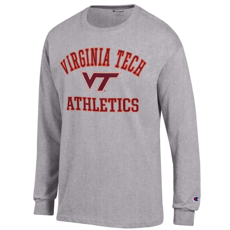 Men * | Original Men'S Champion Gray Virginia Tech Hokies Athletics Logo Long Sleeve T-Shirt