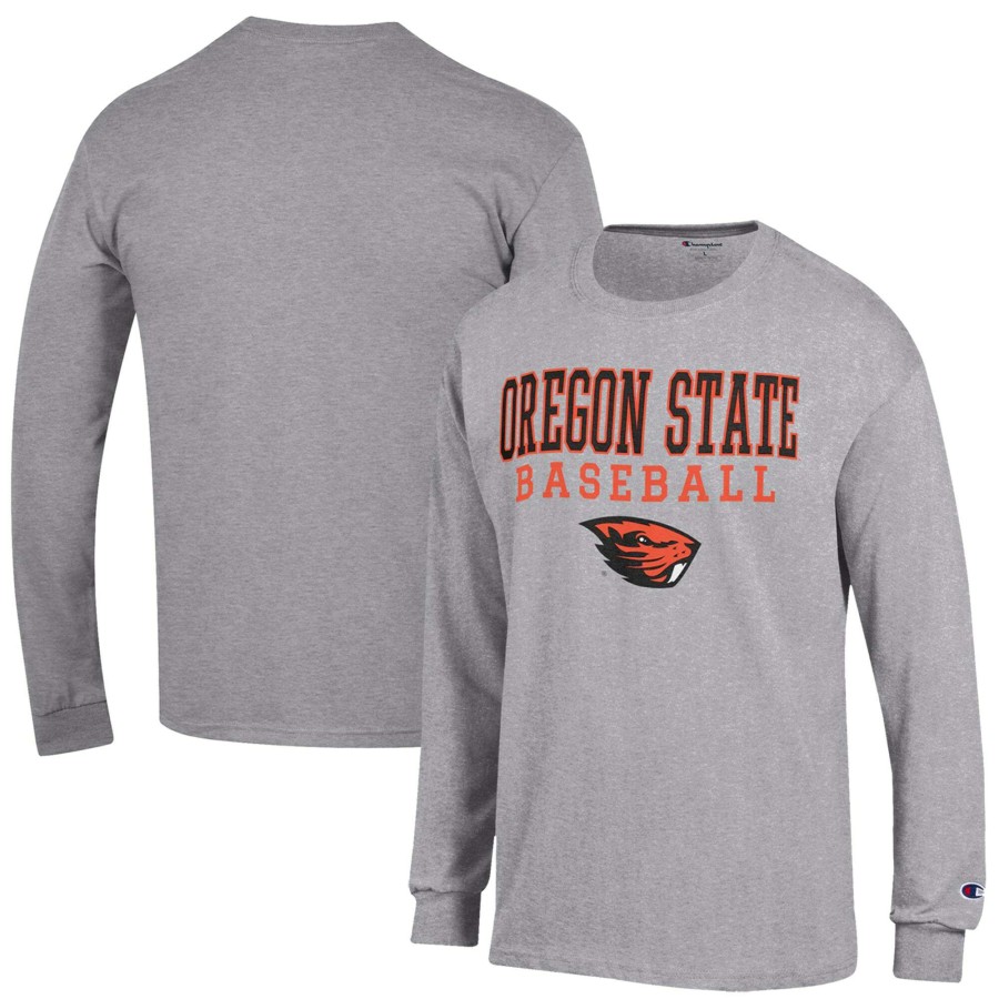 Men * | Clearance Sale Men'S Champion Gray Oregon State Beavers Baseball Stack Long Sleeve T-Shirt