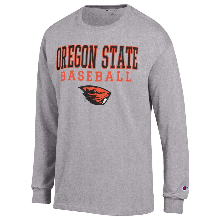 Men * | Clearance Sale Men'S Champion Gray Oregon State Beavers Baseball Stack Long Sleeve T-Shirt