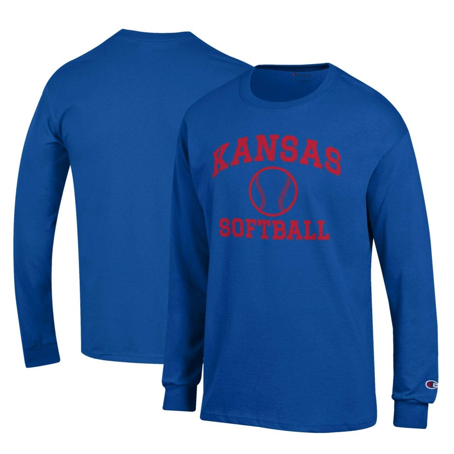 Men * | Online Discount Men'S Champion Royal Kansas Jayhawks Primary Team Logo Icon Softball Powerblend Long Sleeve T-Shirt