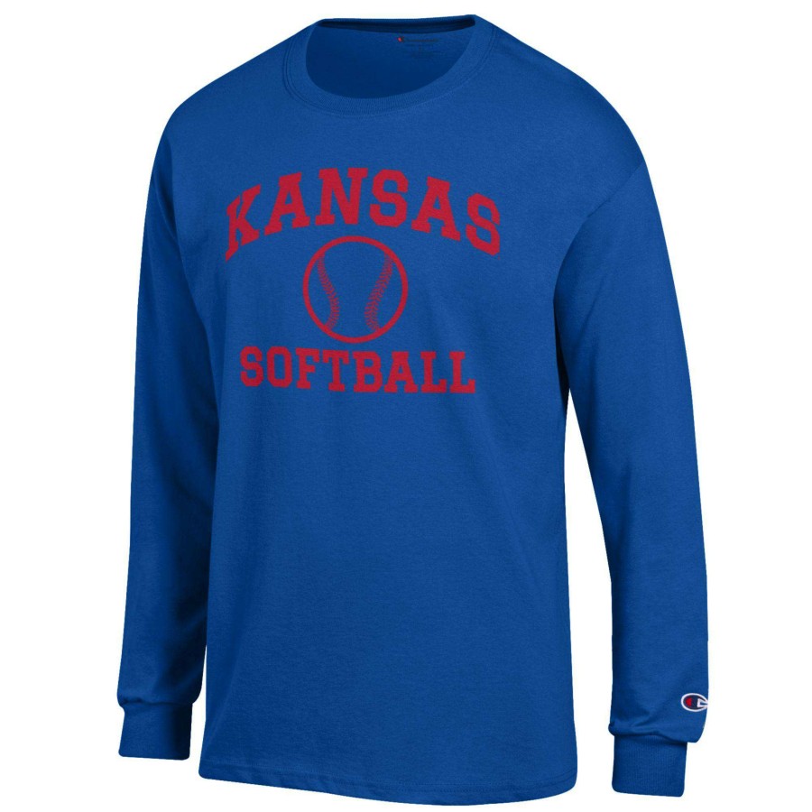 Men * | Online Discount Men'S Champion Royal Kansas Jayhawks Primary Team Logo Icon Softball Powerblend Long Sleeve T-Shirt