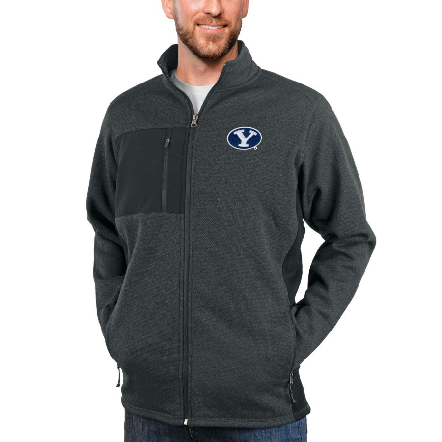 Men * | Reliable Quality Men'S Antigua Heather Charcoal Byu Cougars Course Full-Zip Jacket