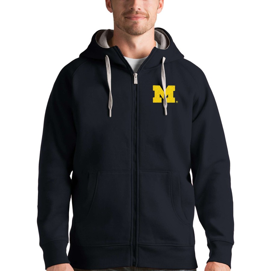 Men * | Reliable Quality Men'S Antigua Charcoal Michigan Wolverines Victory Full-Zip Hoodie