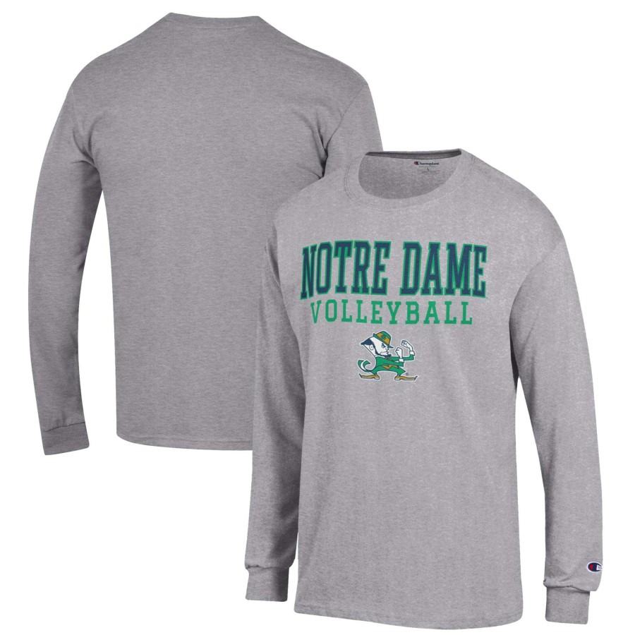 Men * | Sale Online Men'S Champion Heather Gray Notre Dame Fighting Irish Stack Logo Volleyball Powerblend Long Sleeve T-Shirt