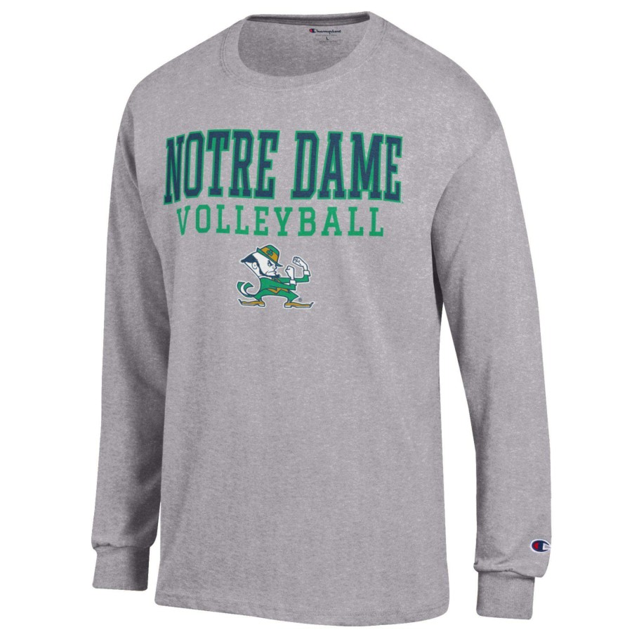 Men * | Sale Online Men'S Champion Heather Gray Notre Dame Fighting Irish Stack Logo Volleyball Powerblend Long Sleeve T-Shirt