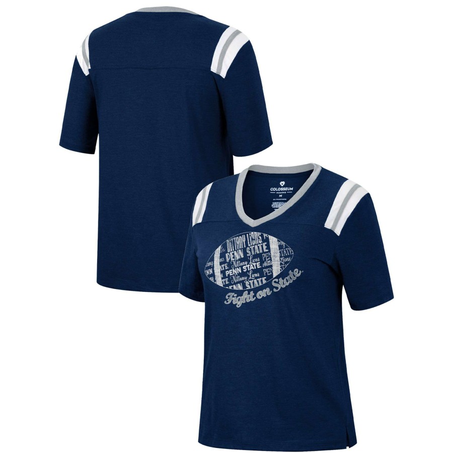 Women * | Reliable Quality Women'S Colosseum Heathered Navy Penn State Nittany Lions 15 Min Early Football V-Neck T-Shirt