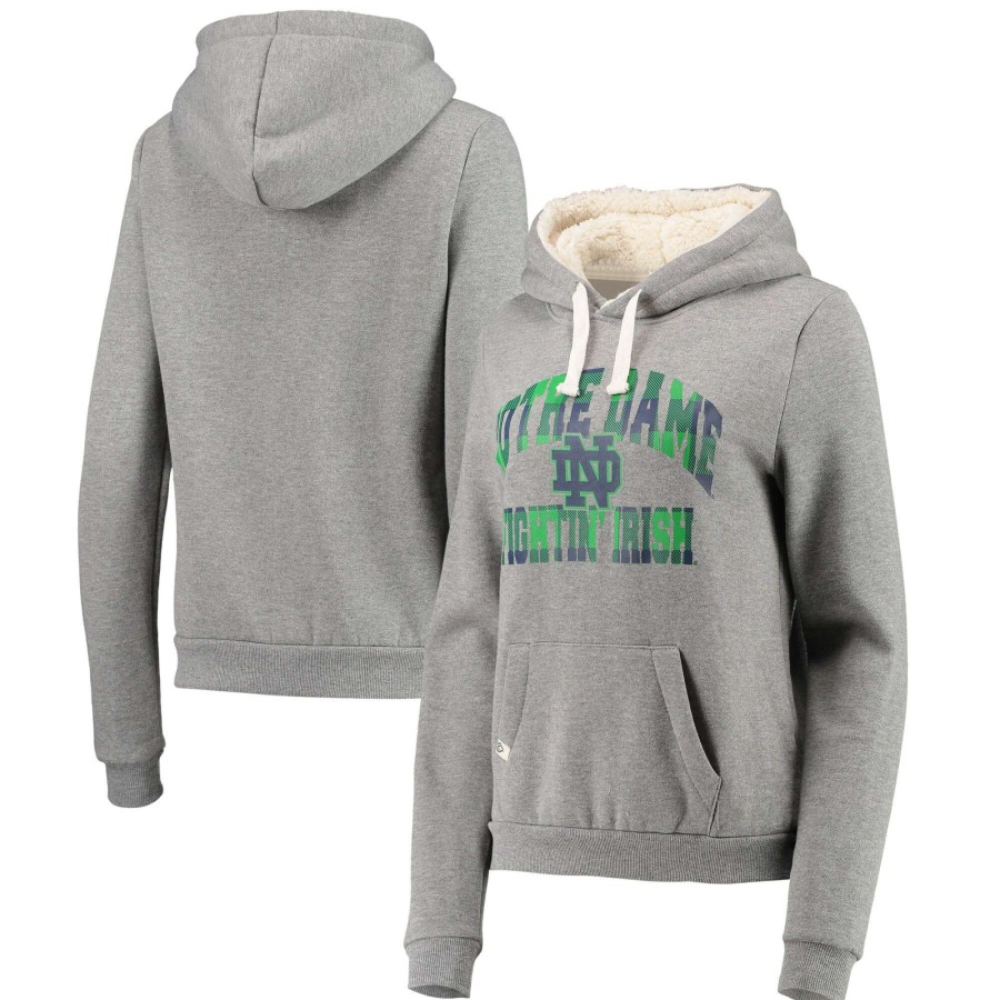 Women * | Discount Store Women'S Colosseum Heathered Gray Notre Dame Fighting Irish Plaid Sherpa Pullover Hoodie