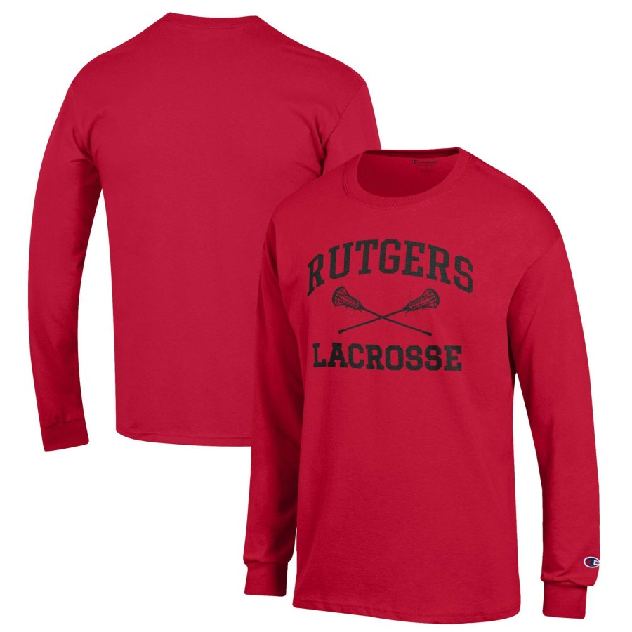 Men * | Clearance Sale Men'S Champion Scarlet Rutgers Scarlet Knights Lacrosse Icon Powerblend Long Sleeve T-Shirt