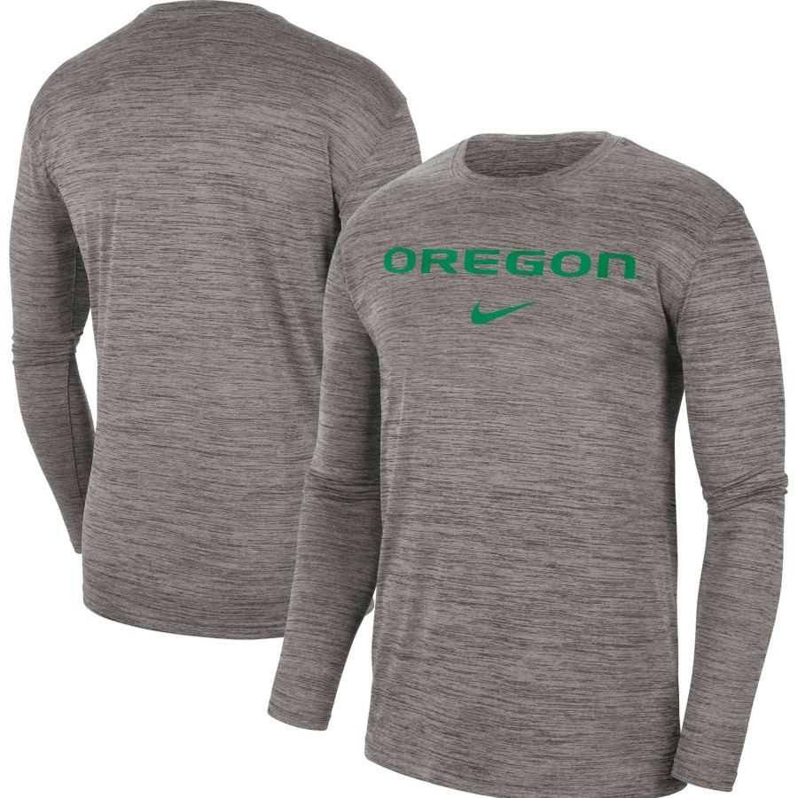 Men * | Reliable Quality Men'S Nike Heather Gray Oregon Ducks Team Velocity Performance Long Sleeve T-Shirt