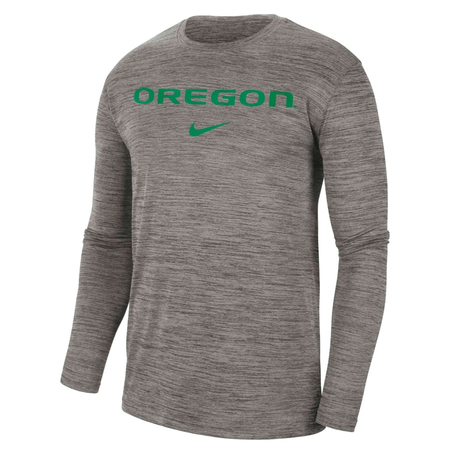 Men * | Reliable Quality Men'S Nike Heather Gray Oregon Ducks Team Velocity Performance Long Sleeve T-Shirt