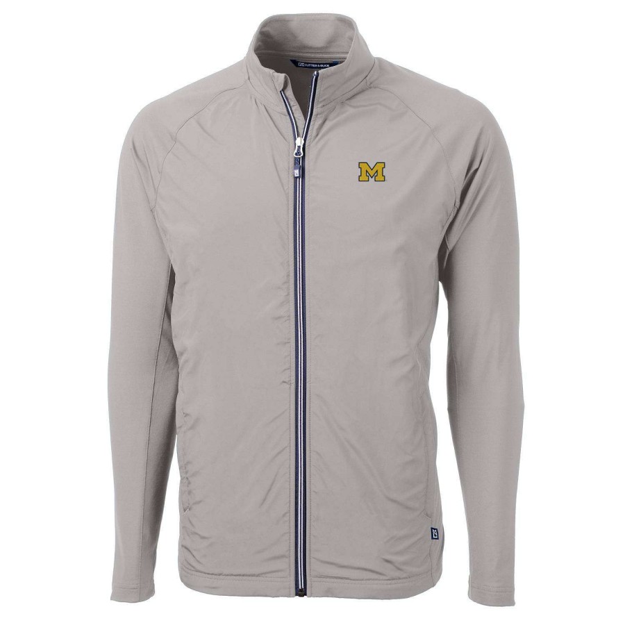 Men * | Original Men'S Cutter & Buck Gray Michigan Wolverines Adapt Eco Knit Full-Zip Jacket