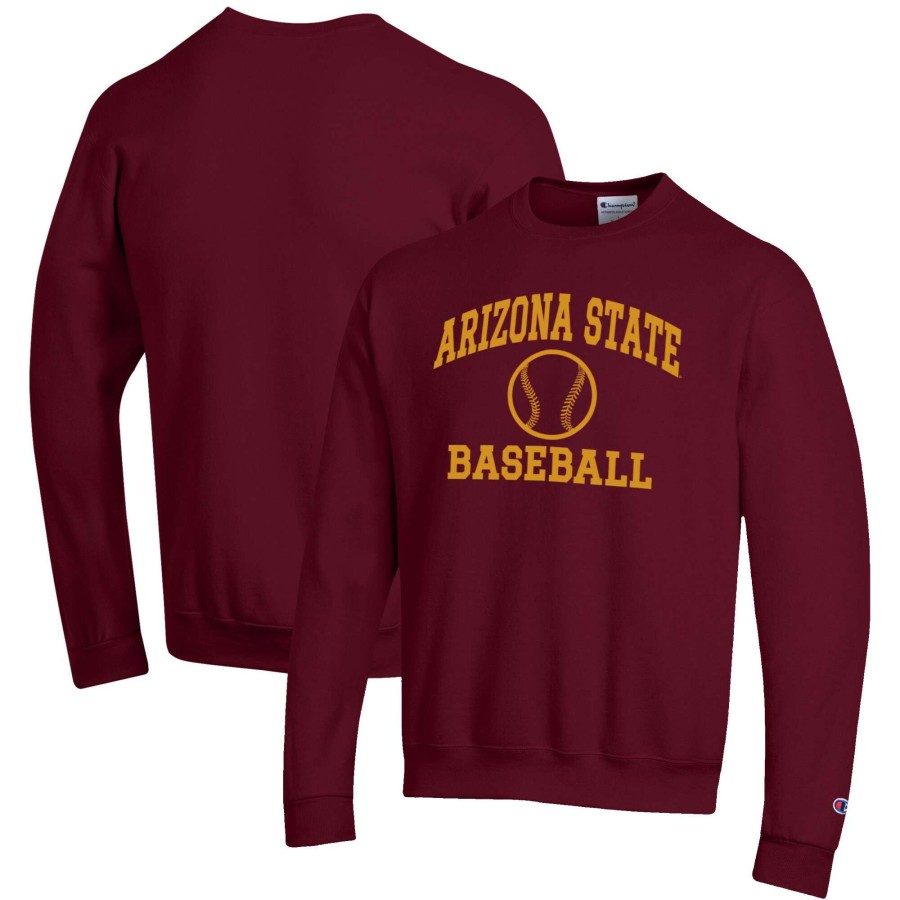 Men * | Clearance Sale Men'S Champion Maroon Arizona State Sun Devils Baseball Icon Crewneck Pullover Sweatshirt