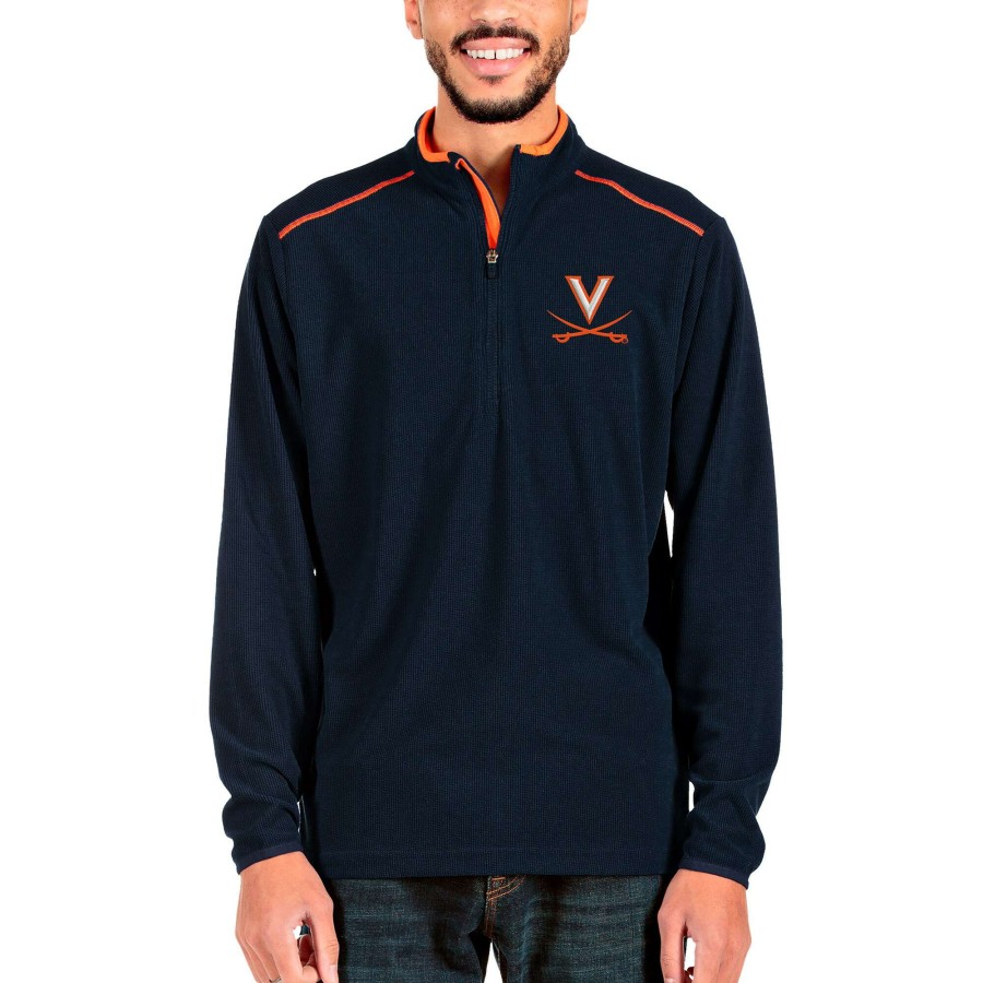 Men * | Discount Store Men'S Antigua Navy/Charcoal Virginia Cavaliers Glacier Quarter-Zip Pullover Jacket