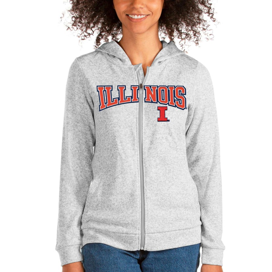 Women * | Online Discount Women'S Antigua Heathered Gray Illinois Fighting Illini Absolute Wordmark Full-Zip Hoodie