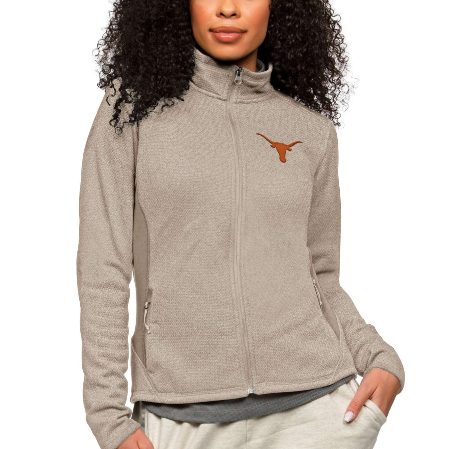 Women * | Best Sellers Women'S Antigua Oatmeal Texas Longhorns Course Full-Zip Jacket