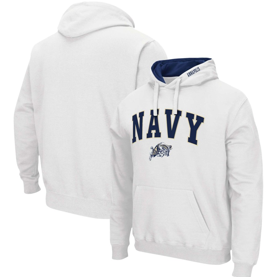 Men * | Discount Store Men'S Colosseum White Navy Midshipmen Arch & Logo 3.0 Pullover Hoodie