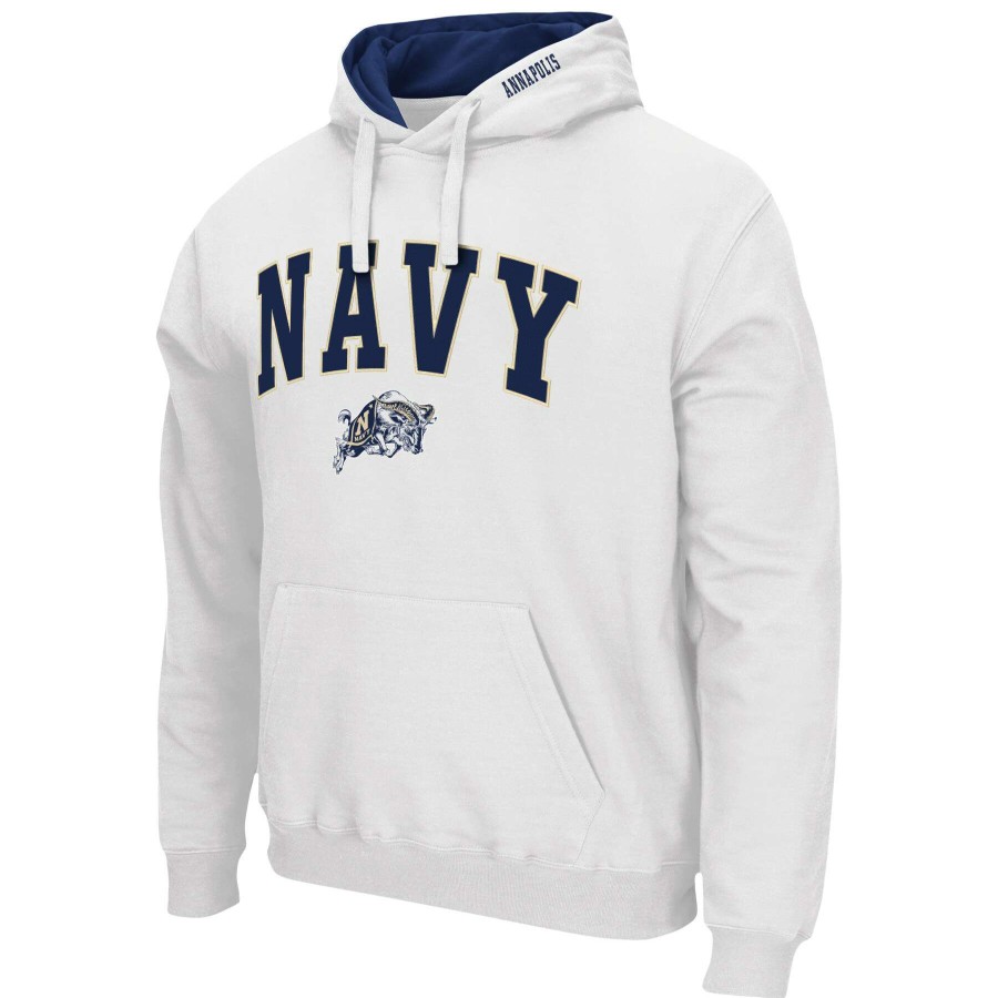 Men * | Discount Store Men'S Colosseum White Navy Midshipmen Arch & Logo 3.0 Pullover Hoodie