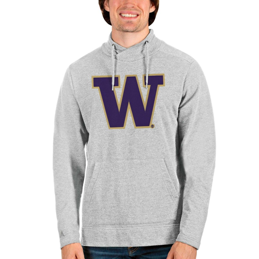 Men * | Limited Edition Men'S Antigua Heathered Gray Washington Huskies Team Logo Reward Crossover Neckline Pullover Sweatshirt