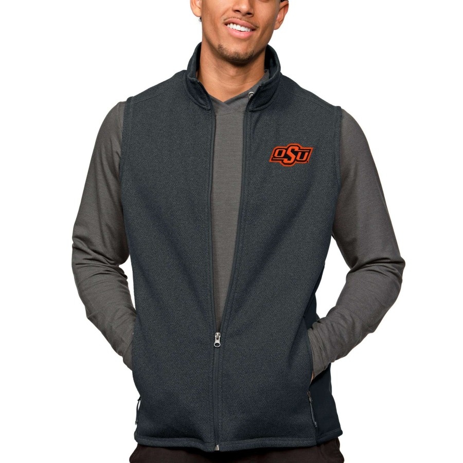 Men * | Clearance Sale Men'S Antigua Heather Charcoal Oklahoma State Cowboys Course Full-Zip Vest