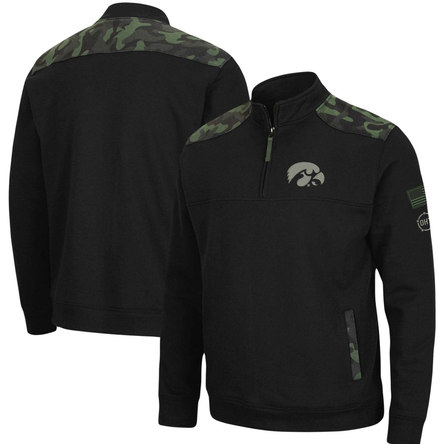 Men * | Clearance Sale Men'S Colosseum Black Iowa Hawkeyes Oht Military Appreciation Commo Fleece Quarter-Zip Jacket