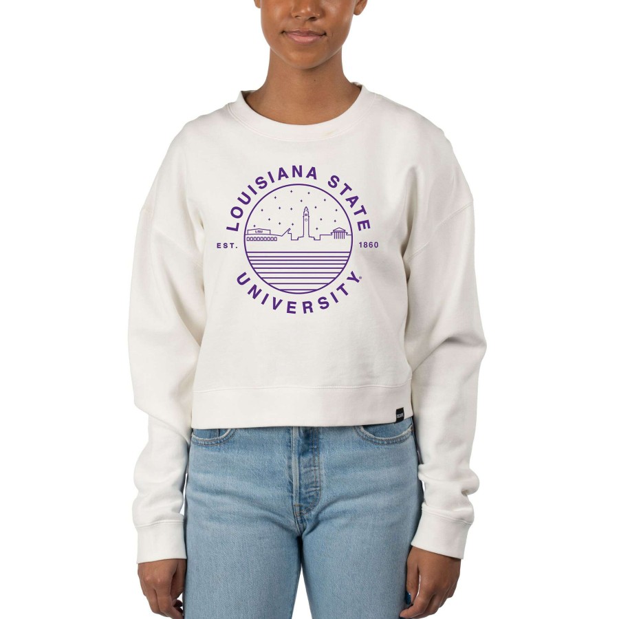 Women * | Hot Sell Women'S Uscape Apparel White Lsu Tigers Fleece Crop Pullover Sweatshirt