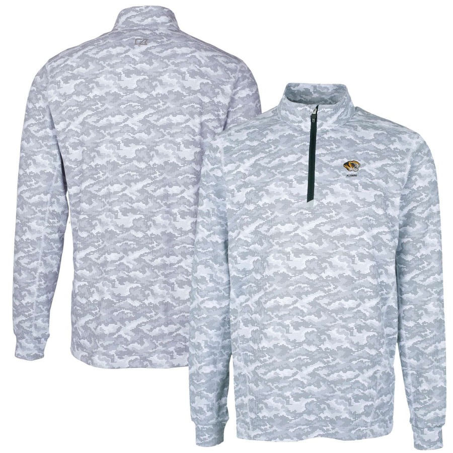 Men * | Limited Edition Men'S Cutter & Buck Charcoal Missouri Tigers Alumni Logo Traverse Camo Print Stretch Quarter-Zip Pullover Top