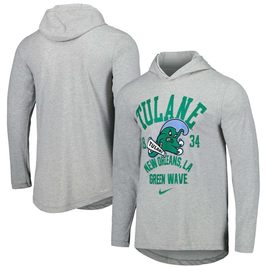 Men * | Hot Sell Men'S Nike Heather Gray Tulane Green Wave Performance Long Sleeve Hoodie T-Shirt