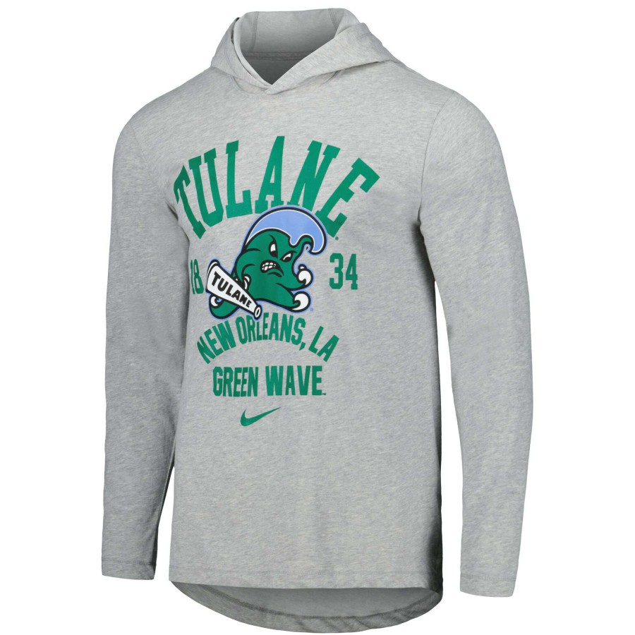 Men * | Hot Sell Men'S Nike Heather Gray Tulane Green Wave Performance Long Sleeve Hoodie T-Shirt