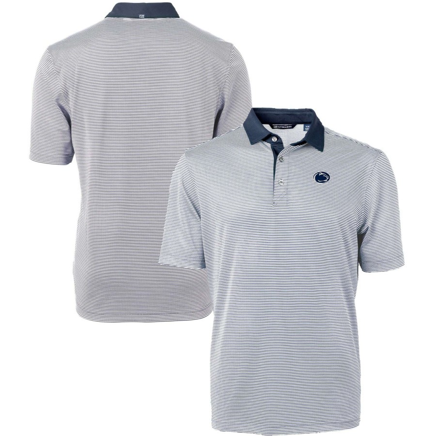 Men * | Clearance Sale Men'S Cutter & Buck Navy/White Penn State Nittany Lions Big & Tall Virtue Eco Pique Micro Stripe Recycled Polo